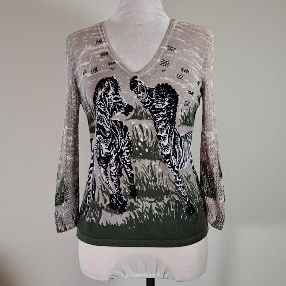 Nygard Women's Top Knit Zebra Beads Sequins V Neck Mesh Sleeves Size M